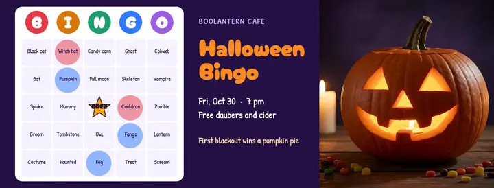 Boolantern Cafe Halloween bingo night cover template