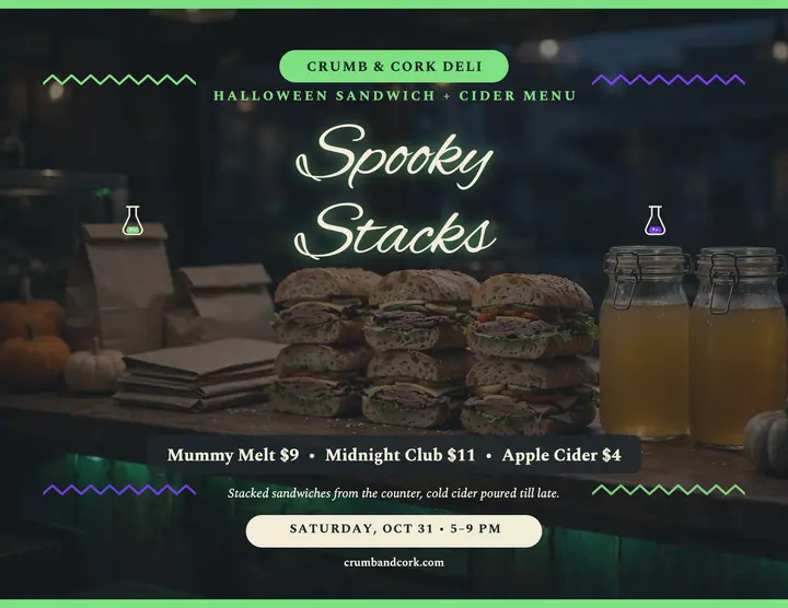 Crumb and Cork Halloween deli menu flyer template