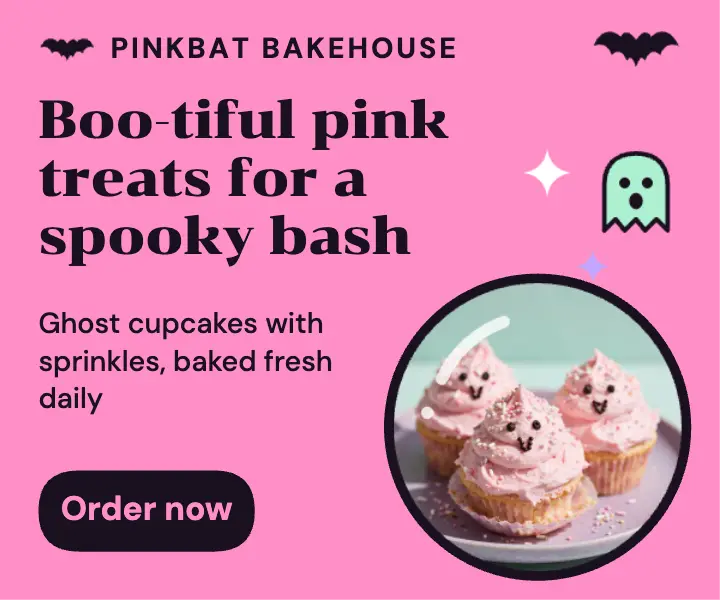 Pinkbat Bakehouse ghost cupcakes Halloween ad template