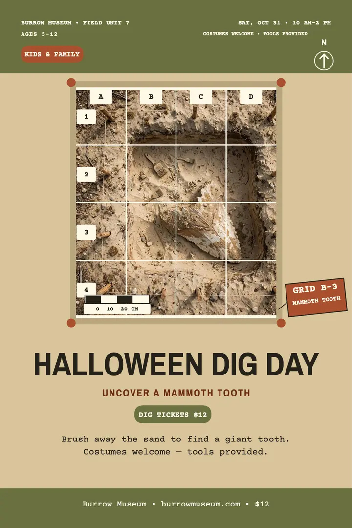 Burrow Museum Halloween dig day poster template