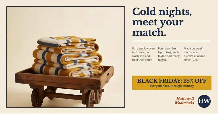 Wool blanket Black Friday Facebook post, sixties print ad template
