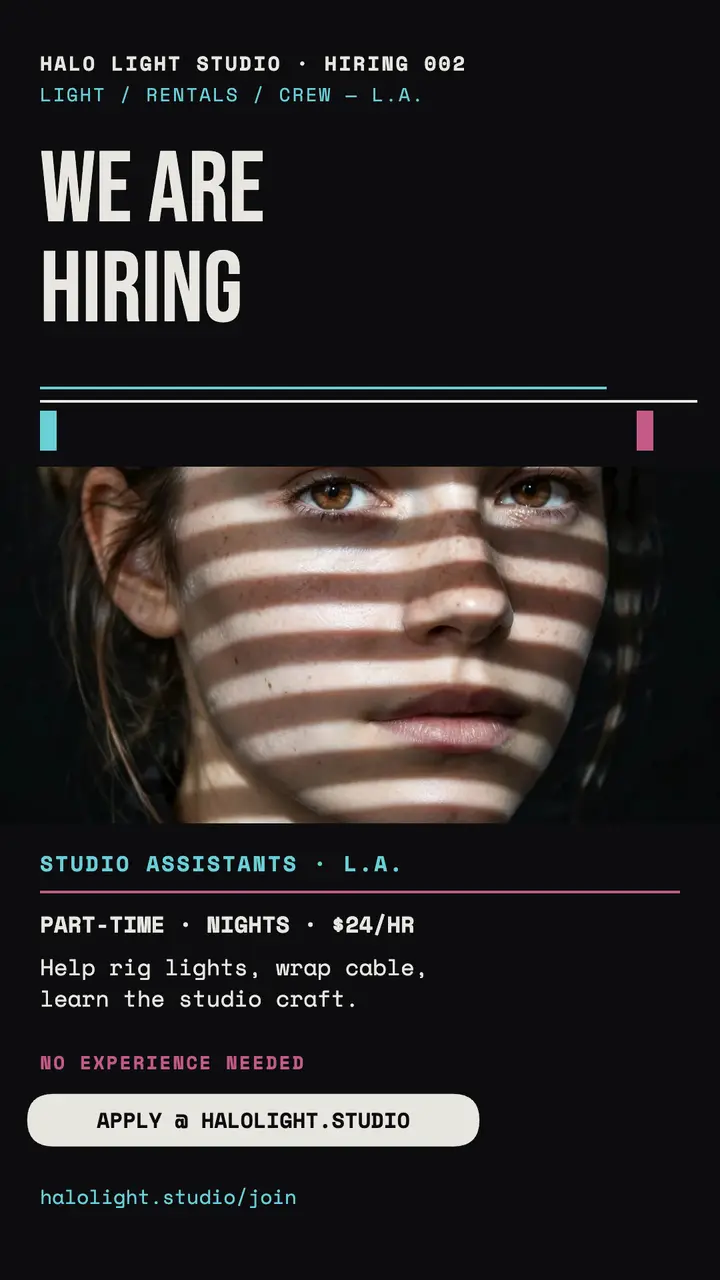 Halo Light Studio hiring assistants story: hiring story template