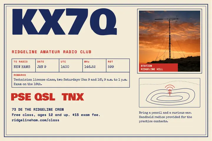 Ridgeline radio club QSL-style license class postcard template