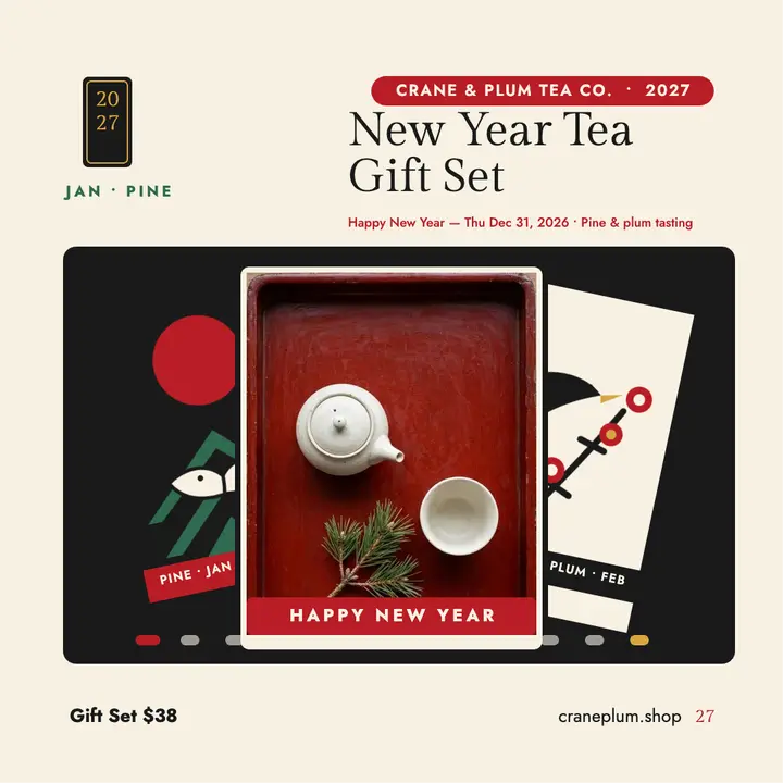 Crane and Plum New Year tea set hanafuda post template