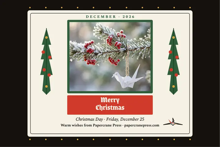 Pine and crane Christmas postcard: christmas postcard template