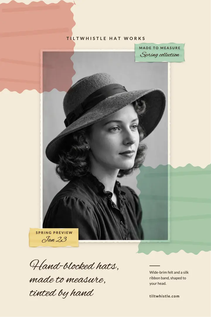 Hand-blocked hats made-to-measure poster, hand-tinted template