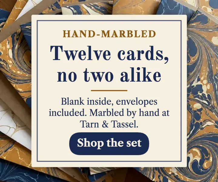 Tarn & Tassel marbled card set display ad: marbled greeting cards ad template