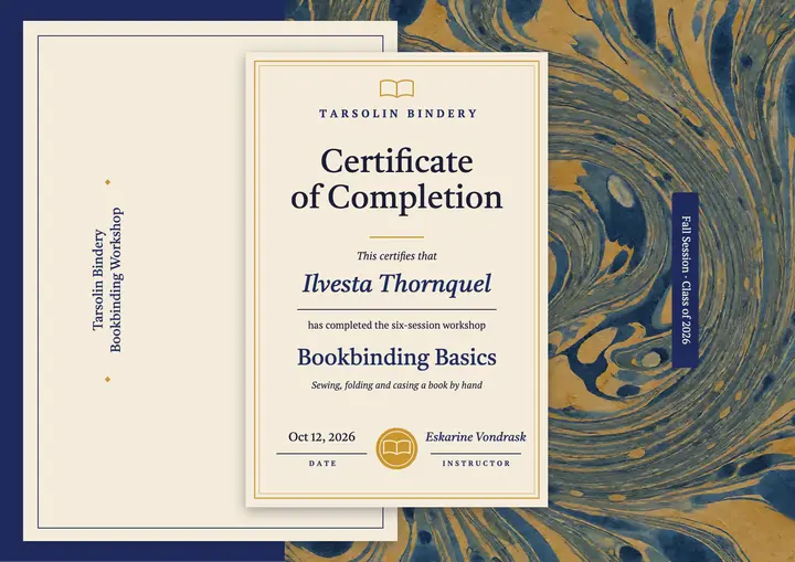 Hand-sewn book class completion certificate, marbled paper template
