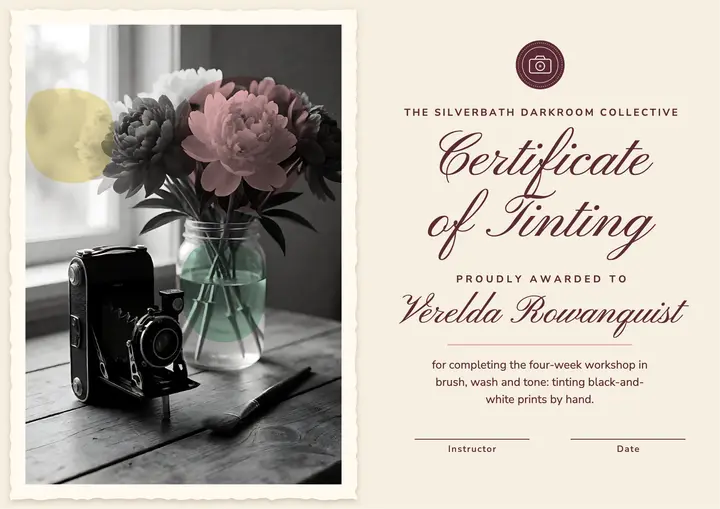 Hand-tinting workshop certificate, hand-tinted photo template