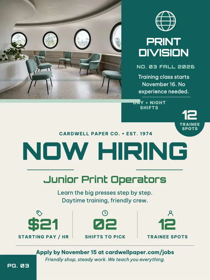 Cardwell hiring post, handbook style: hiring post print shop template