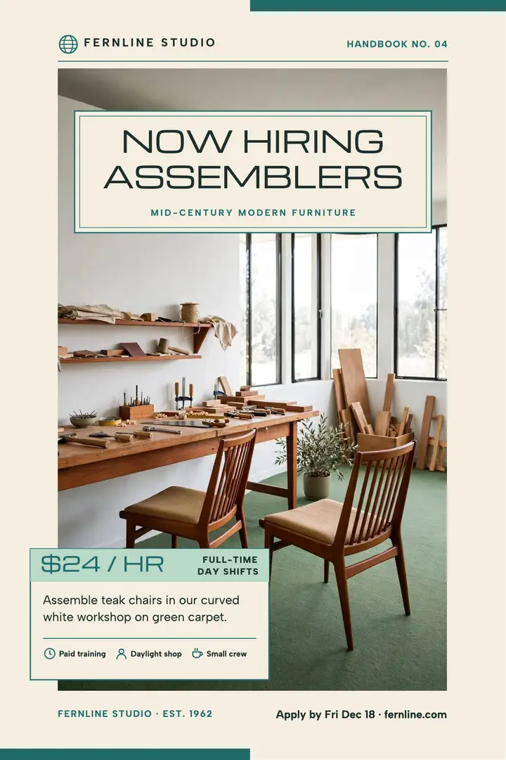 Fernline Studio assemblers hiring poster template
