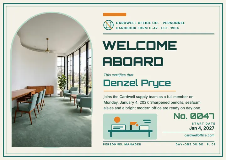Cardwell welcome aboard certificate template