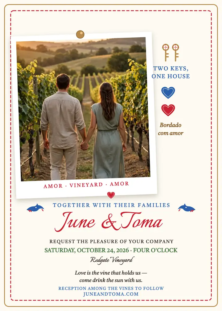 June and Toma vineyard handkerchief invitation: vineyard wedding invitation template