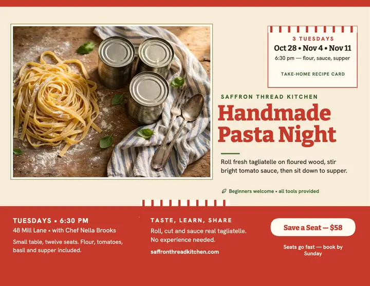 Saffron Thread handmade pasta night flyer: pasta class flyer template
