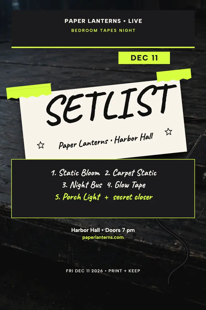 Paper Lanterns handwritten setlist poster: handwritten setlist poster template