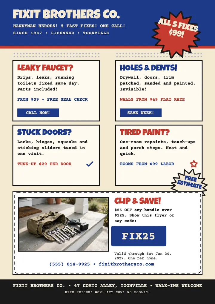 Fixit Brothers comic handyman flyer template