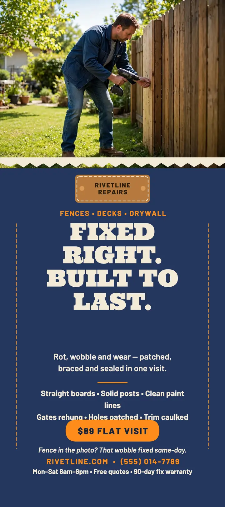 Rivetline Repairs denim rack card template