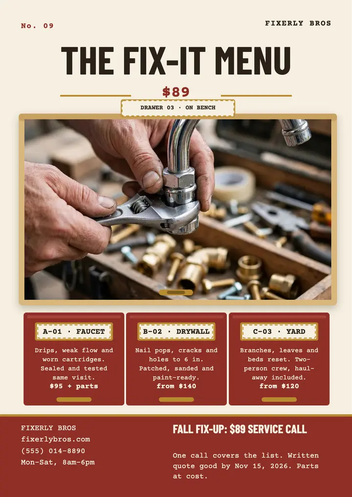Fixerly Bros drawer service menu template
