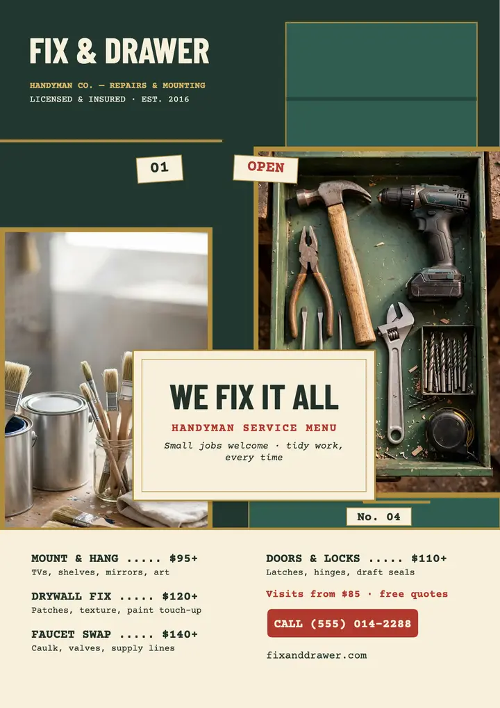 Fix and Drawer handyman menu flyer template