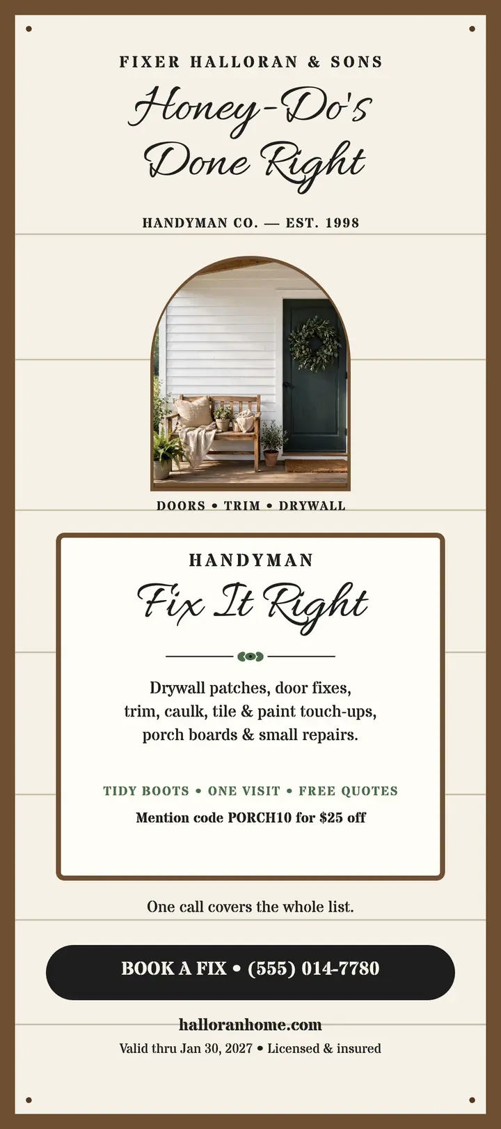 Fixer Halloran farmhouse handyman rack card: handyman rack card template