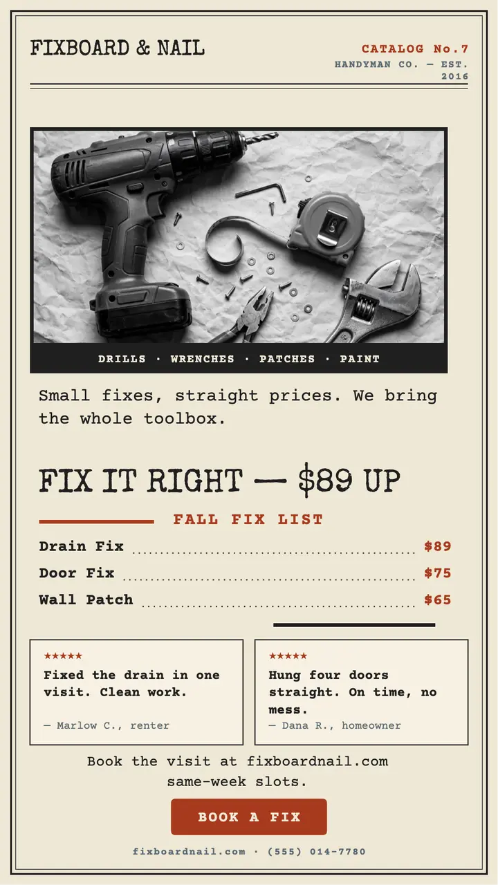 Fixboard and Nail catalog story: handyman promo story template