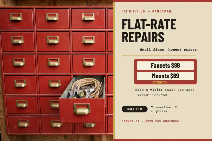 Fix and Fit flat-rate repairs postcard: handyman postcard template