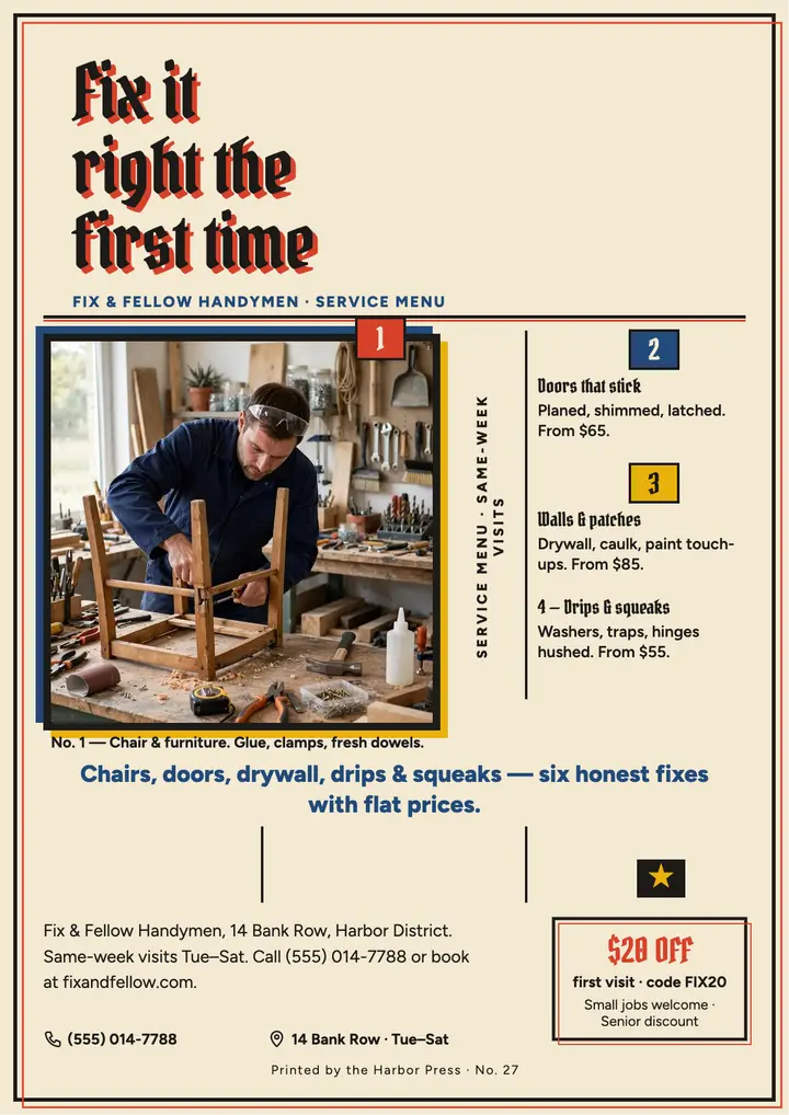 Fix and Fellow handyman service menu broadsheet template