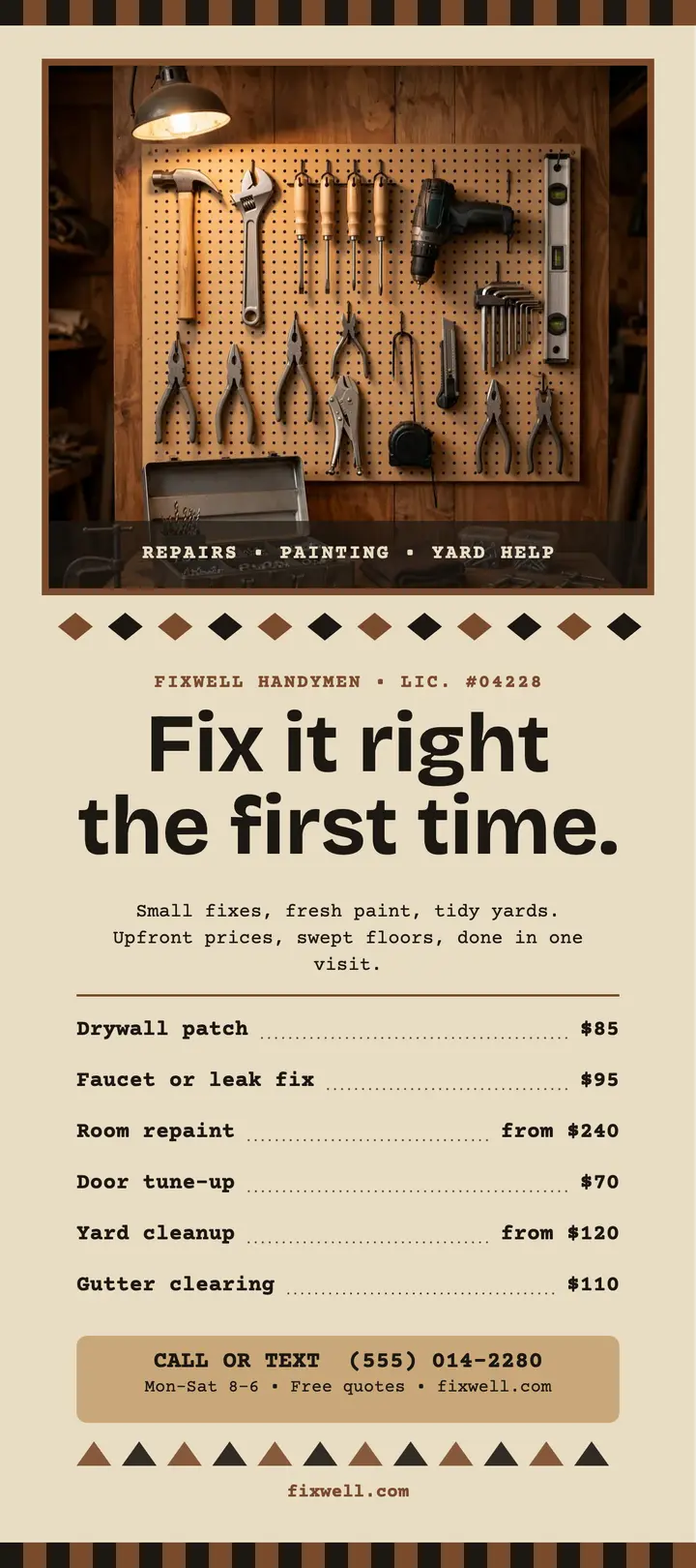 Fixwell handyman service menu rack card template