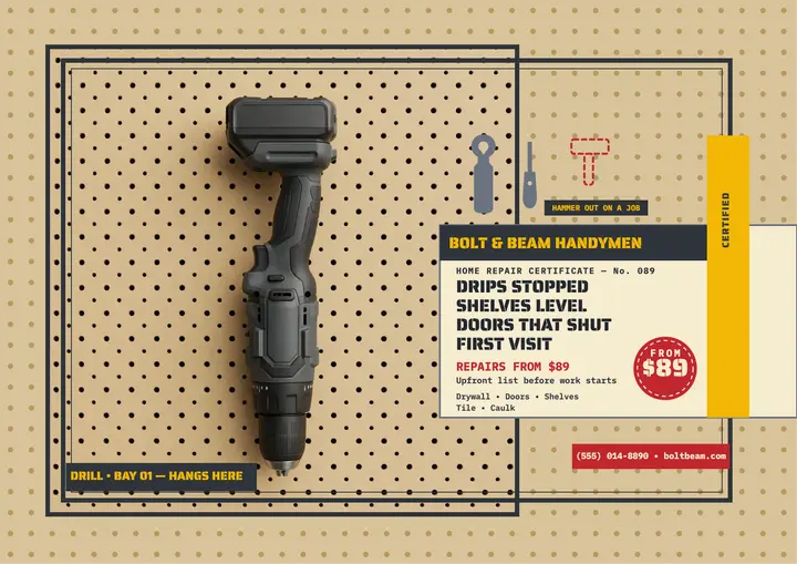 Bolt and Beam handyman shadow board certificate template