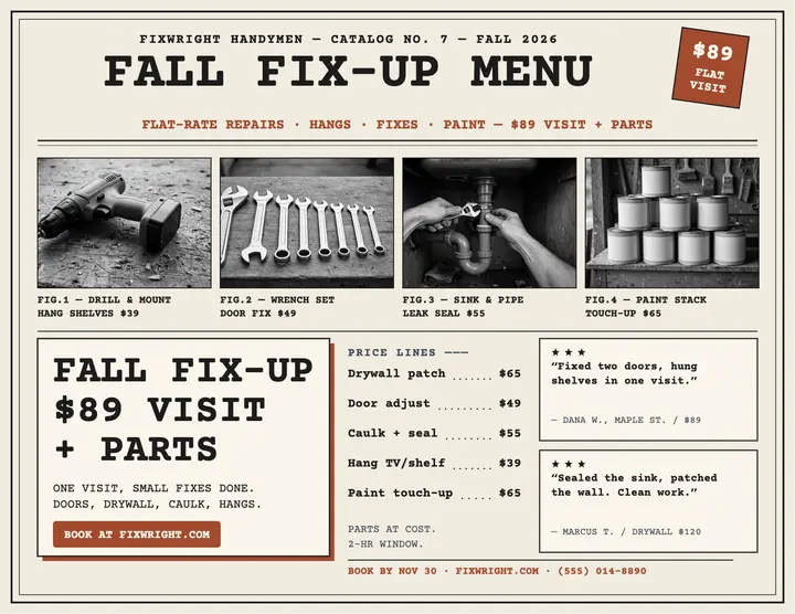 Fixwright fall fix-up catalog flyer: handyman flyer template