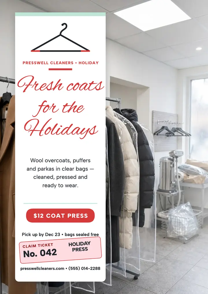 Presswell holiday coat refresh flyer: dry cleaner flyer template