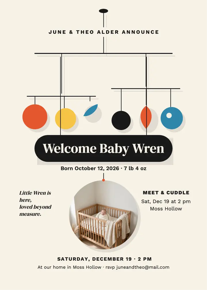 Wren Alder hanging mobile baby announcement template