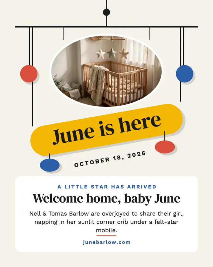 June arrival hanging mobile announcement template