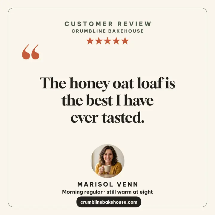 Crumbline bakery review with hanging quote template