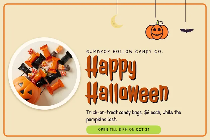 Gumdrop Hollow Candy Co. Halloween postcard, vintage die-cut template