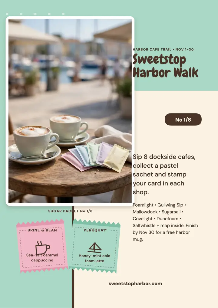 Sweetstop Harbor Walk sugar sachet flyer template