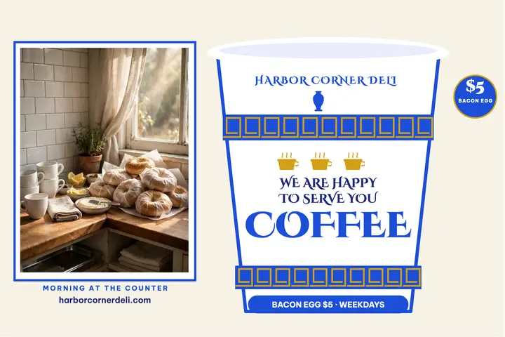 Harbor Corner Deli breakfast cup postcard template