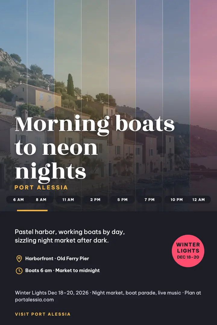 Port Alessia dawn to neon poster template