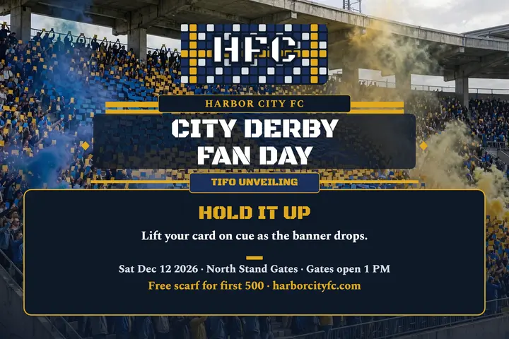 Harbor City FC derby fan day postcard template