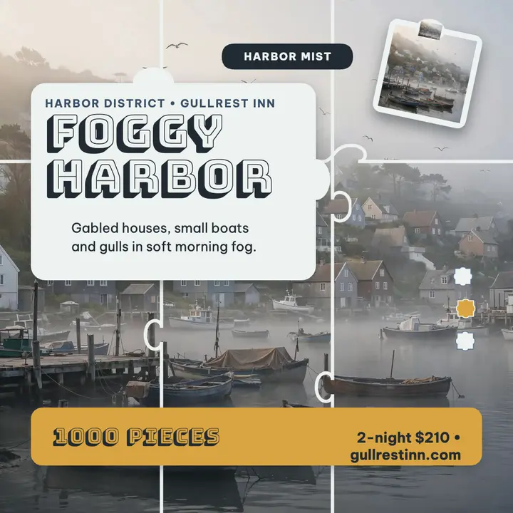 Gullrest Inn foggy harbor jigsaw post template