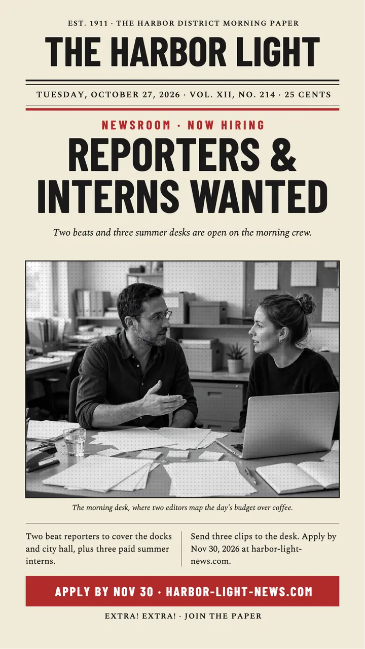 Harbor Light front page hiring story: newspaper hiring story template