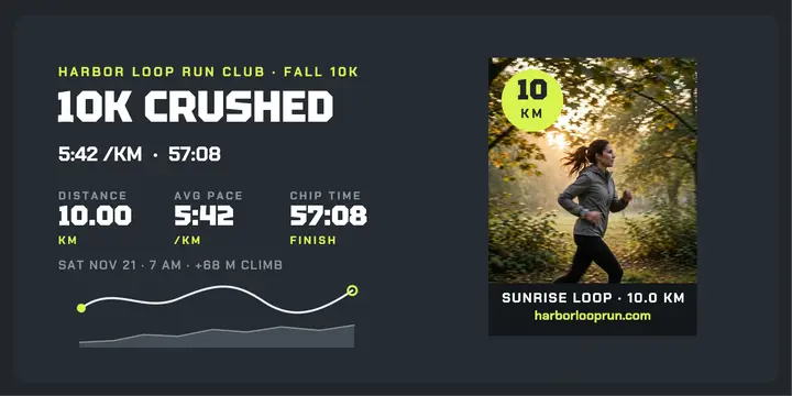 Harbor Loop 10K finisher stats, run club template