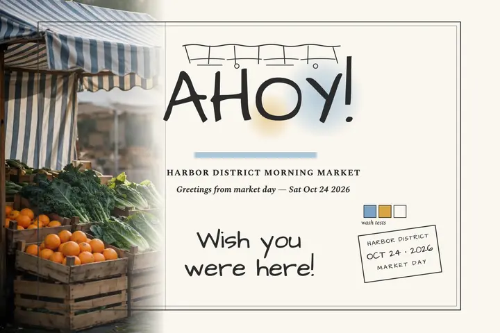 Harbor District market day sketch postcard template