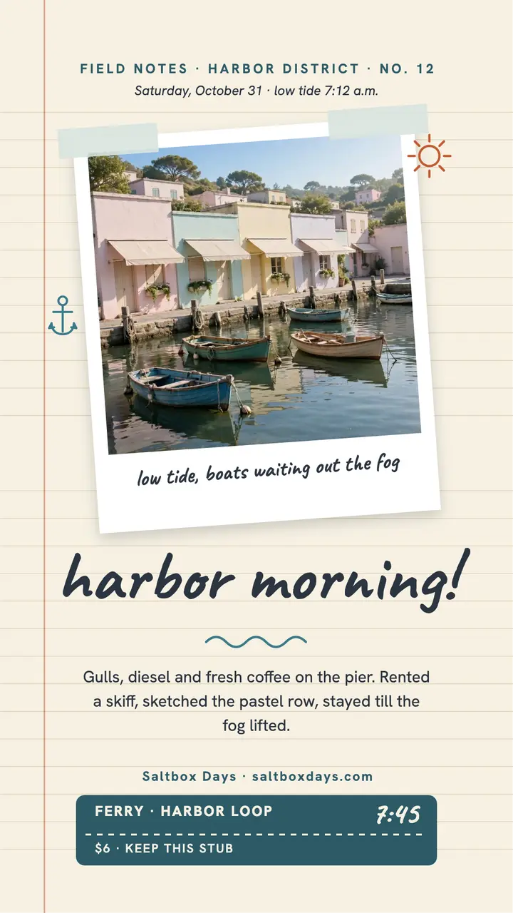 Saltbox Days harbor morning journal: travel journal story template