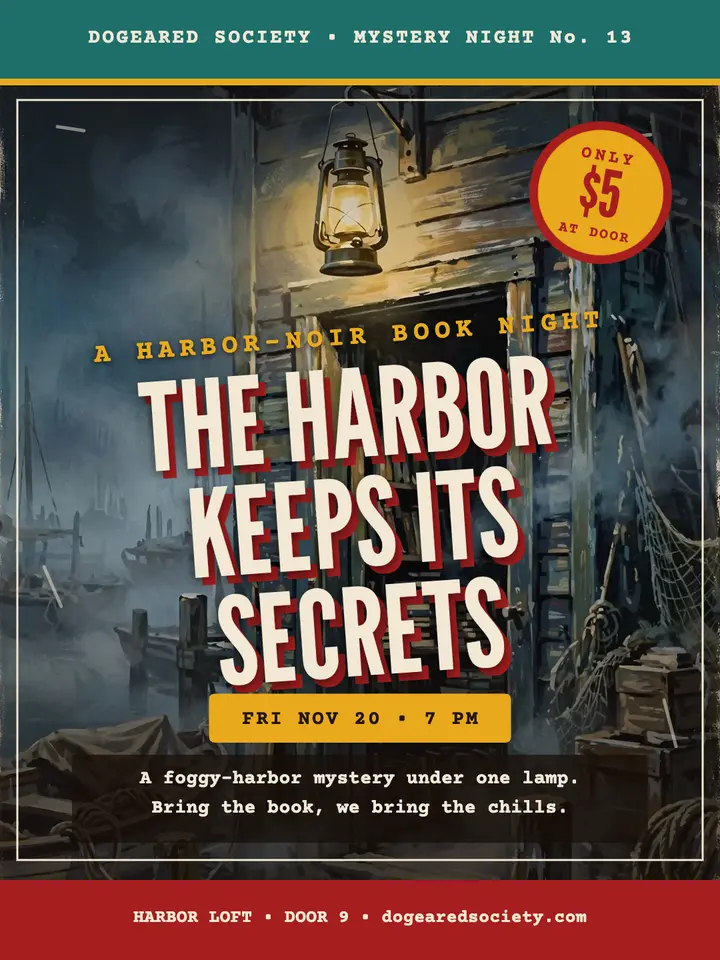 Harbor mystery book night pulp poster: mystery book club night poster template