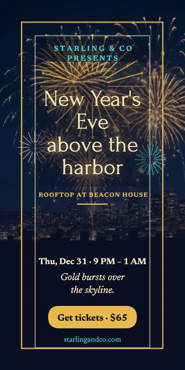Harbor fireworks New Year rooftop half page ad: new year's eve party ad template