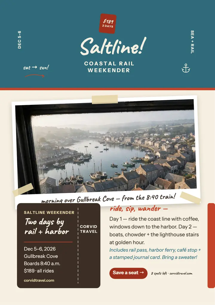 Saltline Weekender coastal rail flyer template