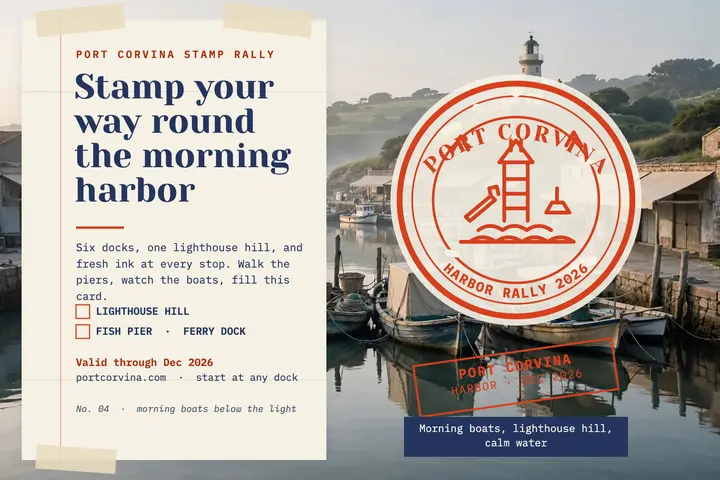 Port Corvina harbor stamp rally postcard template
