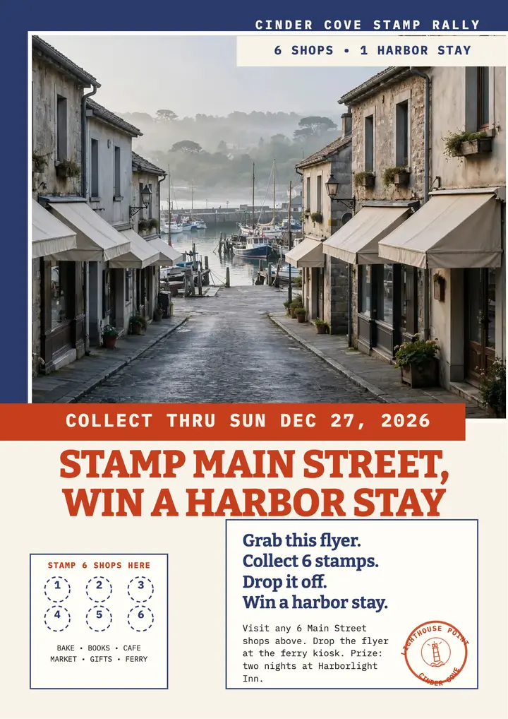 Cinder Cove harbor stamp rally flyer template