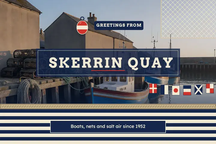 Harbor town greetings postcard, fisherman nautical template